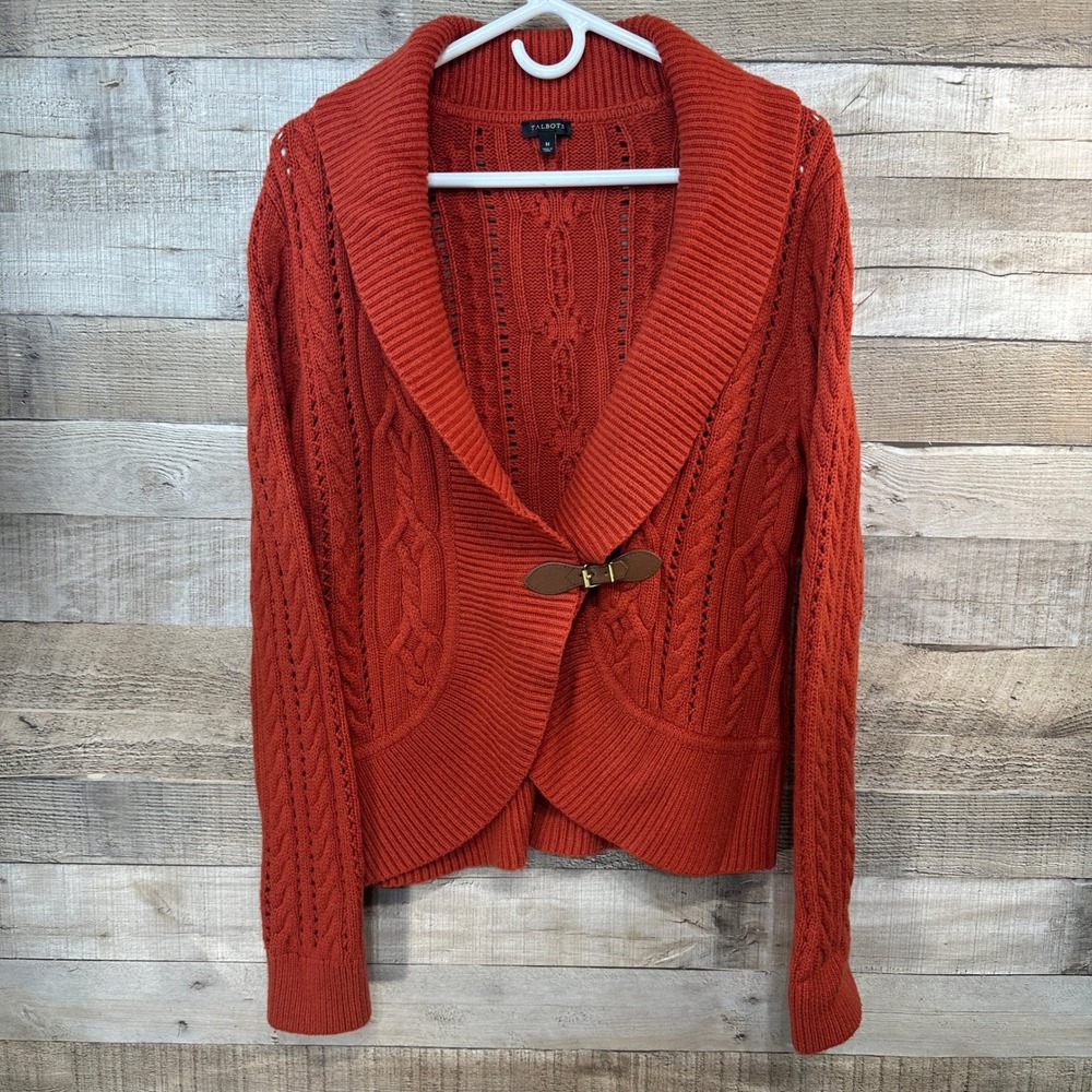 Talbots Burnt Orange Cable‎ Knit Shawl Collar Cardigan Buckle Closure Women's M